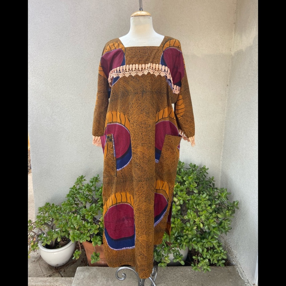 Funky Dashiki browns yellows fabric midi dress pockets custom made sz Medium